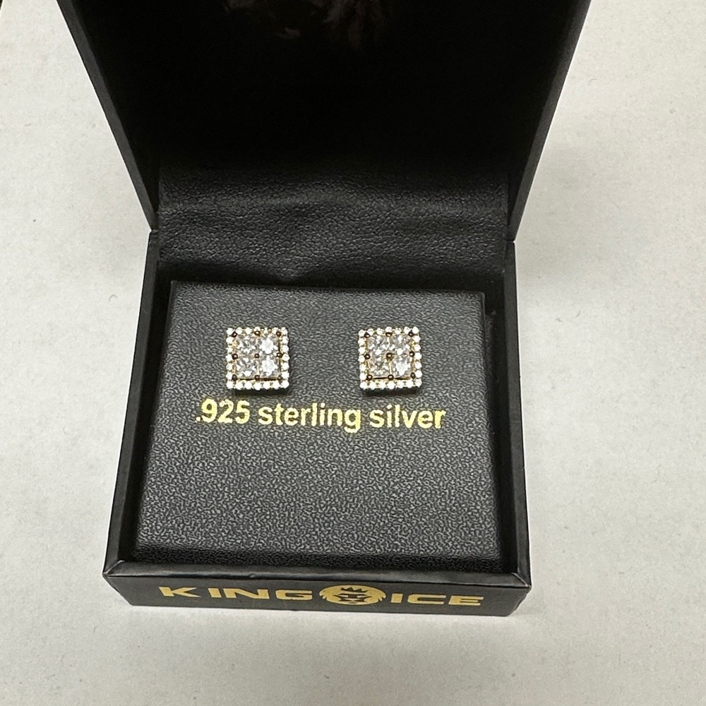 Two-Tone Square Cubic Zirconia Stud Earrings in White and Gold